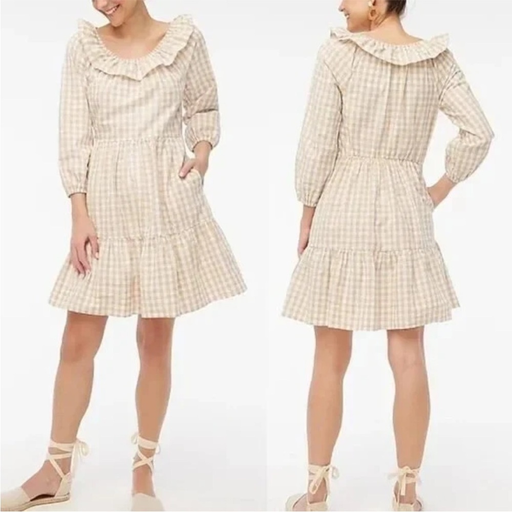 J. Crew Factory Seersucker Gingham Ruffle Neck Dress Tan/ Ivory size 8